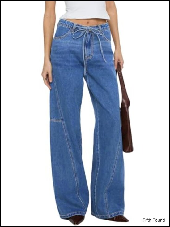 Denim - Wide Leg Jeans Mid Waisted Stretchy Drawstring Button Down Denim Pants 2026